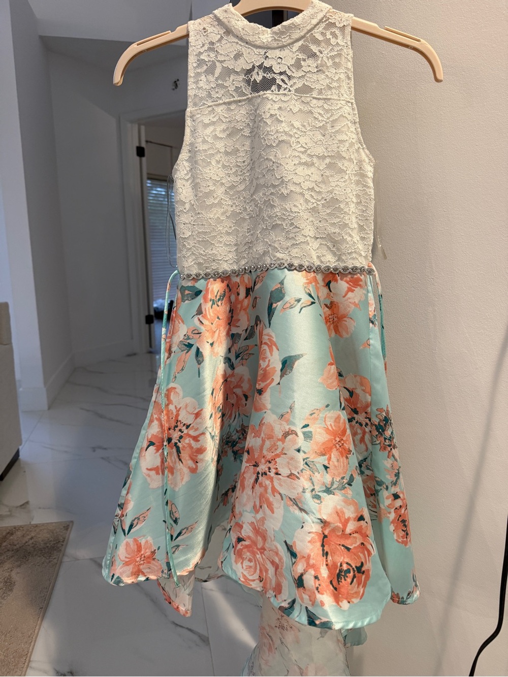 Speechless White Lace Bodice Aqua Floral Satin Skater Dress